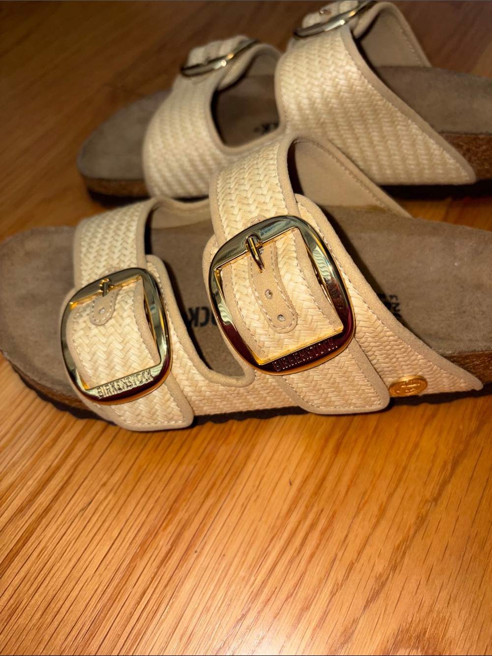 Birkenstock Cream Woven Double-Buckle Sandals with Gold Buckles - Picture 2 of 6